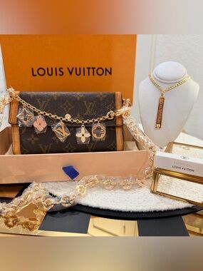 LV Monogram Trifold Wallet + Novelty Gold Charm Chain and Accents, Pacific Chill